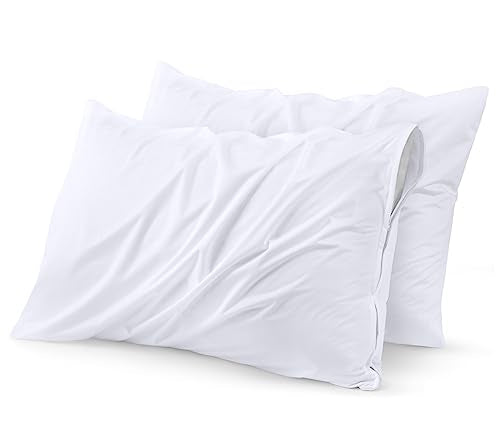 Utopia Bedding Waterproof Pillow Protector Zippered 2 Pack Queen Bed Bug Proof Pillow Encasement Queen White