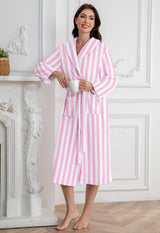 Umeyda Girls Robe, Shawl Collar Fleece Soft Cozy Warm Fluffy Plush Mid-Length Spa Bathrobe with Belt Pockets for Cute Kids, Pink Strip,13-15Y