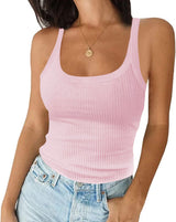 Ivay Scoop Neck Ribbed Knit Tank Top Sleeveless Cotton Wife Beater Camisole Shirts Pink