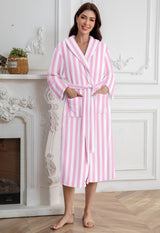 Umeyda Girls Robe, Shawl Collar Fleece Soft Cozy Warm Fluffy Plush Mid-Length Spa Bathrobe with Belt Pockets for Cute Kids, Pink Strip,13-15Y