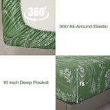 Yibeizi Green Floral Sheet Set Queen, Botanical Rustic Pattern Bed Sheets Boho Bedding Sheets & Pillowcases Soft Microfiber 15" Extra Deep Pocket Fitted Bedsheet 4 Piece
