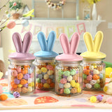 Easter Decorations- 4 PCS Glass Jars with Ceramic Bunny Ear Lid-Easter Glass Storage for Chocolate Candy Sweets Gift Mini Eggs Table Decoration