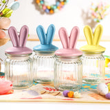 Easter Decorations- 4 PCS Glass Jars with Ceramic Bunny Ear Lid-Easter Glass Storage for Chocolate Candy Sweets Gift Mini Eggs Table Decoration