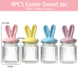 Easter Decorations- 4 PCS Glass Jars with Ceramic Bunny Ear Lid-Easter Glass Storage for Chocolate Candy Sweets Gift Mini Eggs Table Decoration