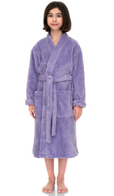 TowelSelections Girls Robe, Kids Plush Kimono Soft Fleece Bathrobe Size 10 Lavender