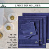 Lacoste Heritage Supima Cotton 6-Piece Towel Set, 2 Bath Towels, 2 Hand Towels, 2 Washcloths, Navy