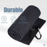 Mile High Life Tri-fold Golf Towel | Premium Microfiber Fabric | Waffle Pattern | with Heavy Duty Carabiner Clip | Golf Towel for Men and Women (Black Golf Towel)