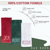Rae Dunn Set of 3 Hand Towels for Kitchen and Bathroom, 100% Cotton, Embroidered Dish Towels Embroidered Christmas Xmas Theme 16 inches x 26 inches Decorative Hand Towels