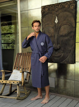 Classic Turkish Towels - 100% Turkish Cotton Unisex Long Bathrobe - Ultra Soft & Absorbent Nautical Waffle Robe, Hotel Comfort & Spa Quality - Navy (L/XL)
