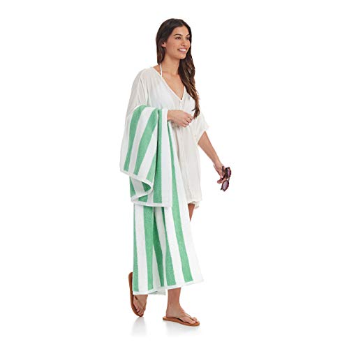 Amazon Basics Quick Dry, Large, Absorbent, Soft Cabana Stripe Beach Towel - 2-Pack, 30 in x 60 in, Green