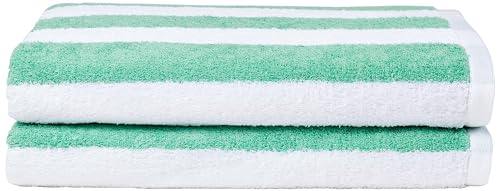 Amazon Basics Quick Dry, Large, Absorbent, Soft Cabana Stripe Beach Towel - 2-Pack, 30 in x 60 in, Green