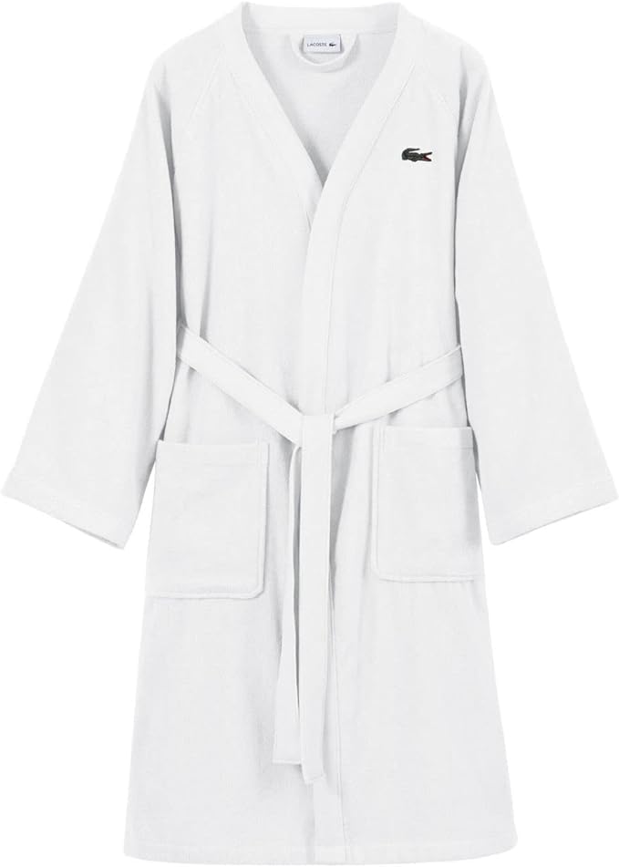 Lacoste Classic Pique 100% Cotton Bath Robe for Men & Women, One Size Fits Most, White