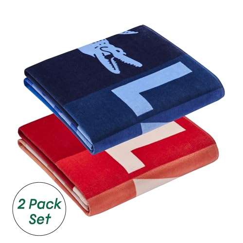 Lacoste Ombre Block 2 Pack, 100% Cotton Oversized Beach Towel, 72" x 36", Blue and Red