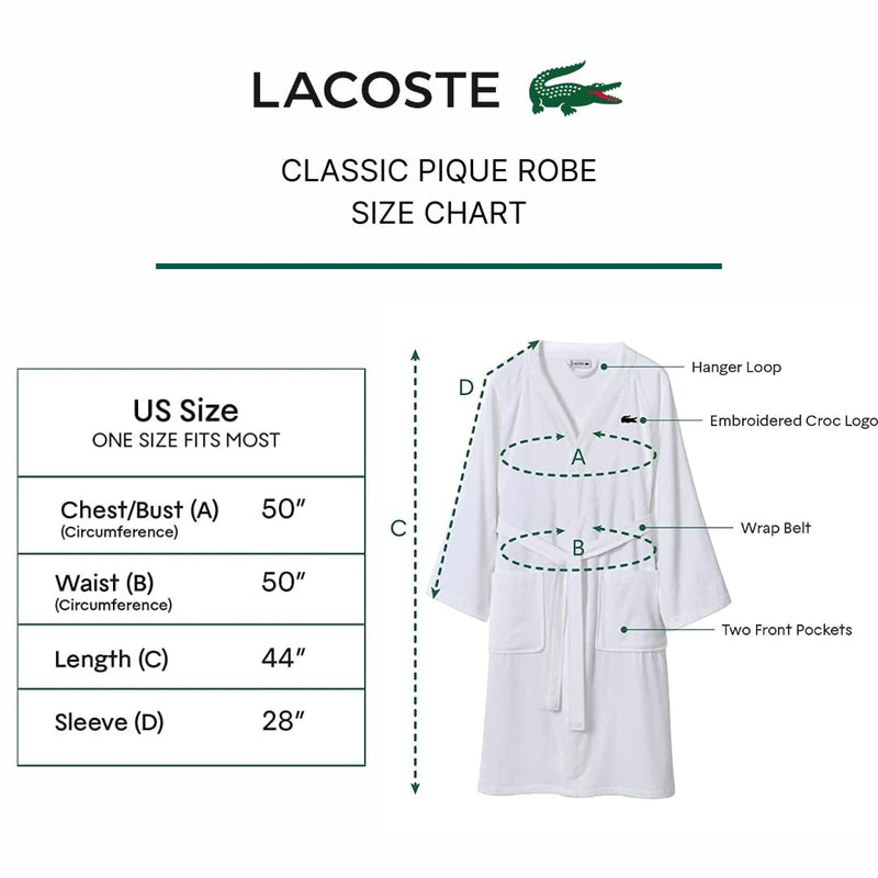 Lacoste Classic Pique 100% Cotton Bath Robe for Men & Women, One Size Fits Most, White