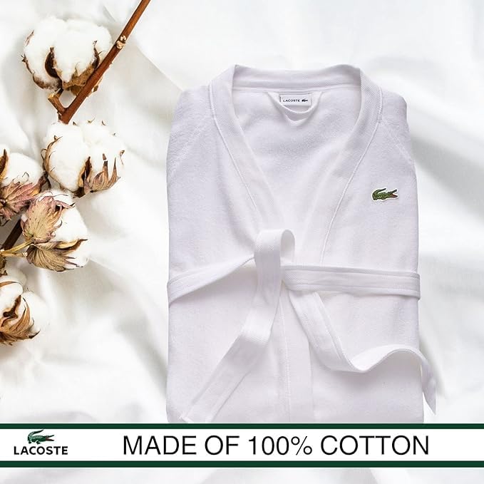 Lacoste Classic Pique 100% Cotton Bath Robe for Men & Women, One Size Fits Most, White