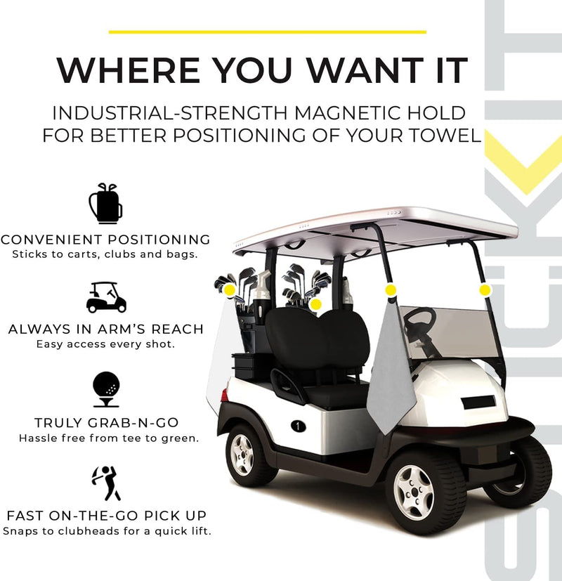 STICKIT Magnetic Towel, Gray | Top-Tier Microfiber Golf Towel with Deep Waffle Pockets | Industrial Strength Magnet for Strong Hold to Golf Carts or Clubs
