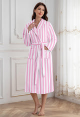 Umeyda Girls Robe, Shawl Collar Fleece Soft Cozy Warm Fluffy Plush Mid-Length Spa Bathrobe with Belt Pockets for Cute Kids, Pink Strip，13-15Y