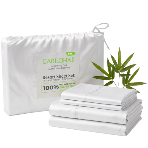 Cariloha Resort 100% Organic Bamboo Viscose Sheets - 4-Piece King Sheet Set - 18 in Extra Deep Pockets - Sateen Weave, Cooling, Luxury Sheets - Oeko-TEX Standard 100 - White