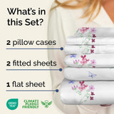 5 Piece Split King Butterfly Bed Sheets Set – Flat Sheet 108 x 102, 2 Fitted Sheets 39 x 80 and 2 Pillowcases 20 x 40 – Deep Pocket, Soft Lavender Botanical Bed Sheets – Oeko-TEX Pink Flower Sheet Set