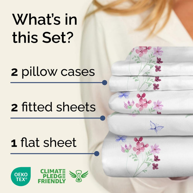 5 Piece Split King Butterfly Bed Sheets Set – Flat Sheet 108 x 102, 2 Fitted Sheets 39 x 80 and 2 Pillowcases 20 x 40 – Deep Pocket, Soft Lavender Botanical Bed Sheets – Oeko-TEX Pink Flower Sheet Set