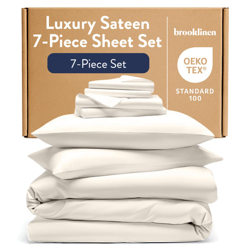 Brooklinen Luxury Sateen Sheet Set - 7 Piece 100% Cotton Bed Sheets - 1 Fitted & 1 Flat Sheet, 4 Pillowcases, 1 Duvet Cover, Soft Sateen Sheets for Ultimate Comfort Twin - Cream