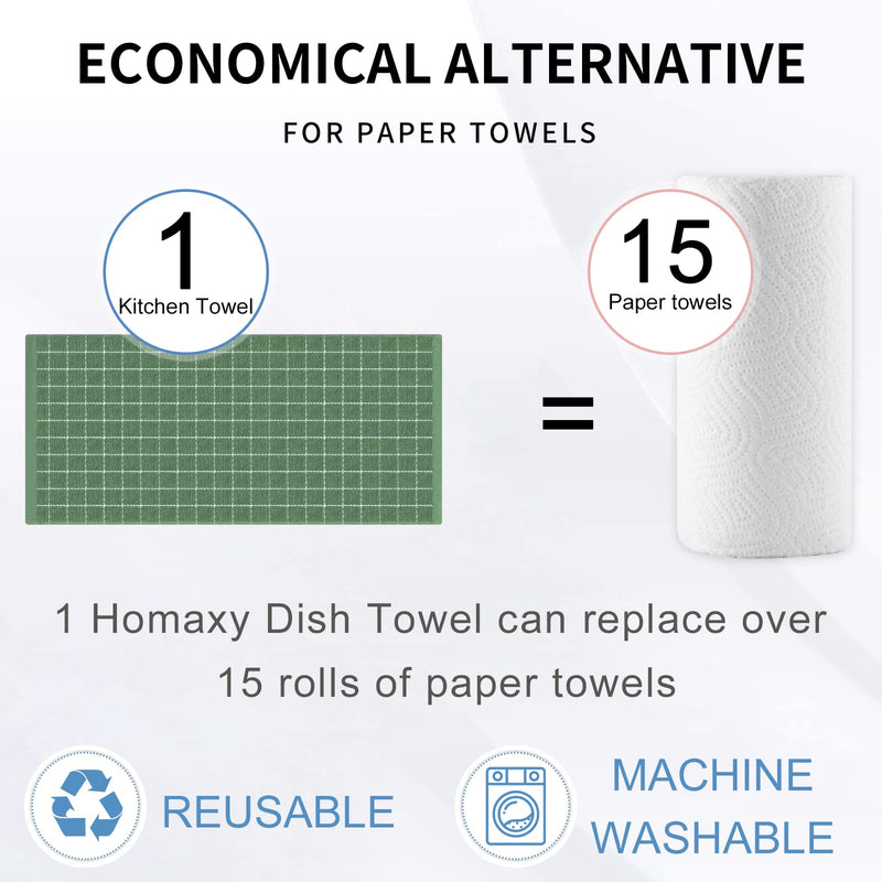 Homaxy 100% Cotton Terry Kitchen Towels(Grass Green, 13 x 28 inches), Checkered Designed, Soft and Super Absorbent Dish Towels, 4 Pack
