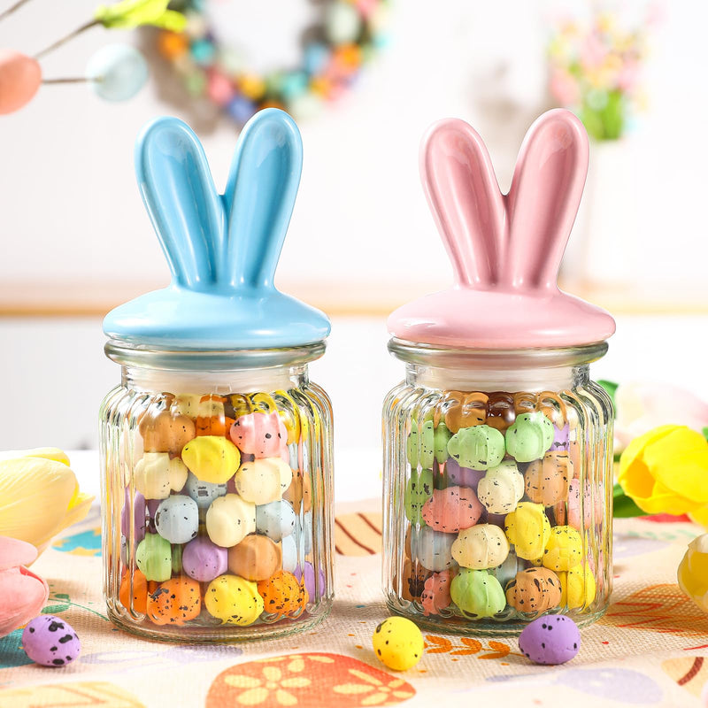 Easter Decorations- 4 PCS Glass Jars with Ceramic Bunny Ear Lid-Easter Glass Storage for Chocolate Candy Sweets Gift Mini Eggs Table Decoration