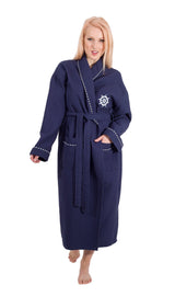 Classic Turkish Towels - 100% Turkish Cotton Unisex Long Bathrobe - Ultra Soft & Absorbent Nautical Waffle Robe, Hotel Comfort & Spa Quality - Navy (L/XL)