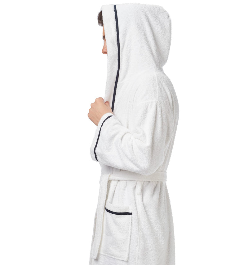 Arus Men's Hooded Classic Bathrobe Turkish Cotton Robe with Full Length Options, White w Navy Large-X-Large