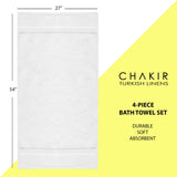Chakir Turkish Linens 4 Piece Bath Towel Set, 100% Cotton Luxury Turkish Towels for Bathroom, Soft Absorbent Bath Towels, 27 x 54 Inches, White