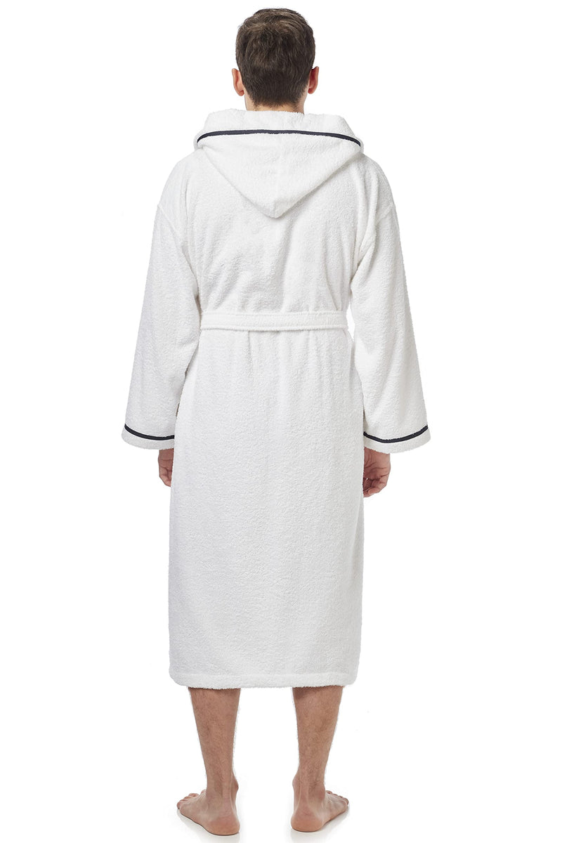 Arus Men's Hooded Classic Bathrobe Turkish Cotton Robe with Full Length Options, White w Navy Large-X-Large