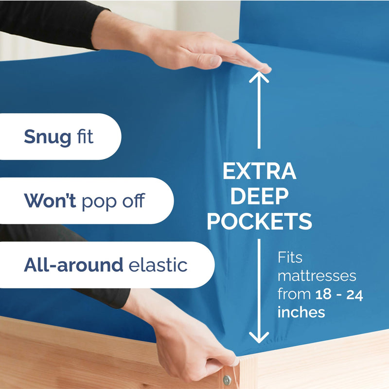 Extra Deep Cal King Fitted Sheet - Hotel Luxury Single Fitted Sheet Only - Easily Fits 18 inch to 24 inch Mattress - Ultra Soft, Wrinkle Free w/Extra Deep Pockets - Breathable & Comfy - Denim Blue