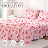 Bedlifes Queen Sheet Set Ultra Soft, Breathable, Silky Flower Deep Pocket 100% Microfiber Bedding, 4 Piece Queen Size Pink Floral(Red Rose)