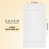 Chakir Turkish Linens 4 Piece Large Bath Towels, 100% Cotton Turkish Towels for Bathroom, Luxury Soft Absorbent Bath Towel Set, 27 x 54 Inches, White