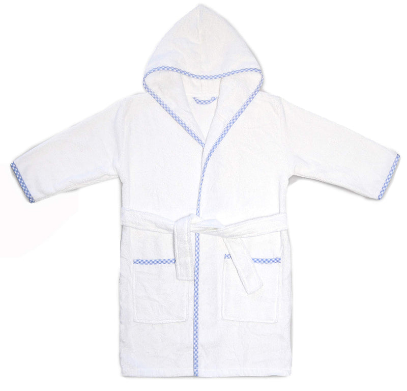 MAURA Prince George Style Bathrobe. Luxury Hooded Bathrobe White and Blue Checkered Binding Turkish Terry Bath Towel Cute and Cuddly. Super Soft and Absorbent.