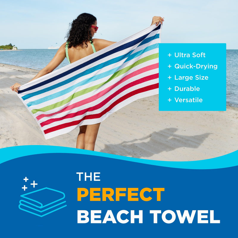 Ben Kaufman Cabana Stripe Beach & Pool Towel - Large Cotton Terry Beach Towel - Soft & Absorbant - Assorted Colors - 30" x 60" - 6 Pack