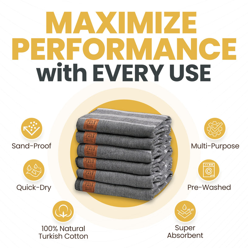 GOLD CASE HOME COLLECTION Lycia Turkish Beach Towel Set of 6-100% Cotton & Sand Free Towels for Vacation Essentials - XXL Pre Washed Quick Dry Travel Bath Towel - 70 x 38 Inches - Black