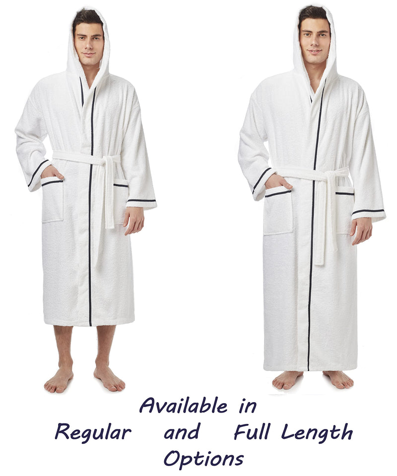 Arus Men's Hooded Classic Bathrobe Turkish Cotton Robe with Full Length Options, White w Navy Large-X-Large