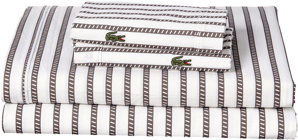 Lacoste 100% Cotton Percale Sheet Set, Graphic Stripe Print, Dark Grey, Full