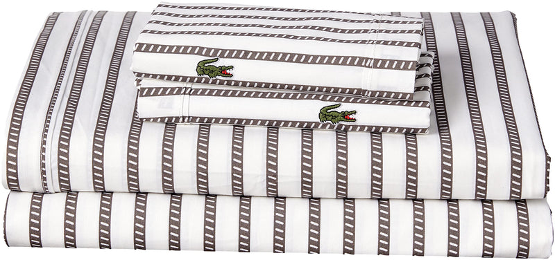 Lacoste 100% Cotton Percale Sheet Set, Graphic Stripe Print, Dark Grey, Full