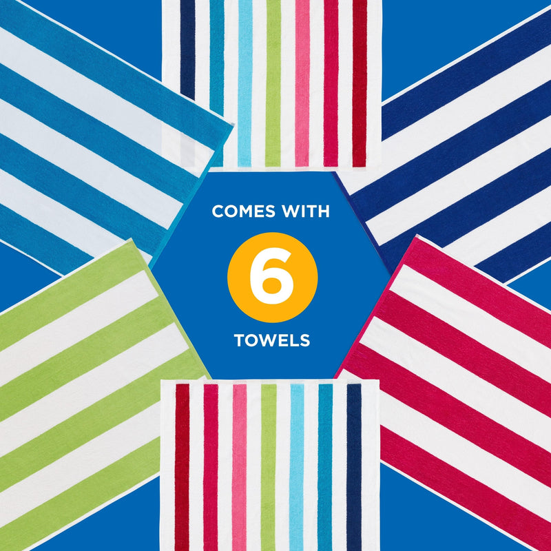 Ben Kaufman Cabana Stripe Beach & Pool Towel - Large Cotton Terry Beach Towel - Soft & Absorbant - Assorted Colors - 30" x 60" - 6 Pack