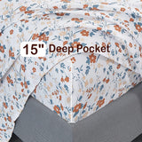 Softan Floral Queen Sheet Set Orange Flower Printed Bed Sheets - 4 Piece Soft Microfiber Patterned Fitted Sheets with 15" Deep Pocket and Corner Straps, Cute Spring Sheets & Pillowcase Set