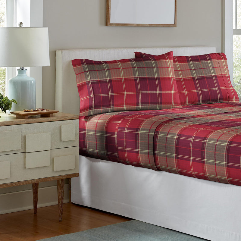 Pointehaven Flannel Deep Pocket Set with Oversized Flat Sheet, California King, Piedmont Plaid